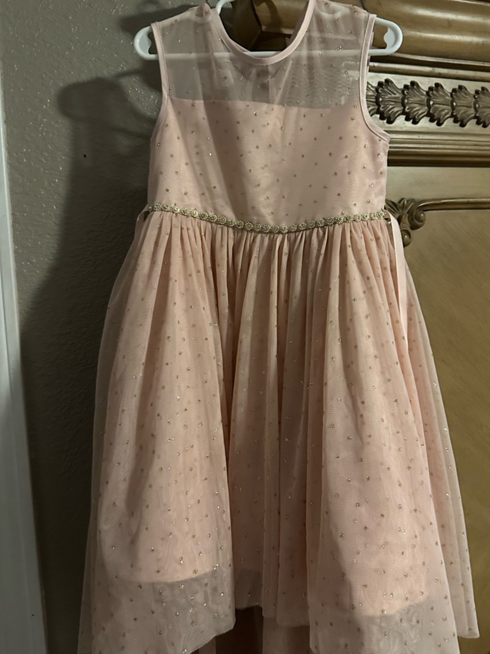 Rare Editions Pink Tulle High-Low Dress with Gold Waist Trim